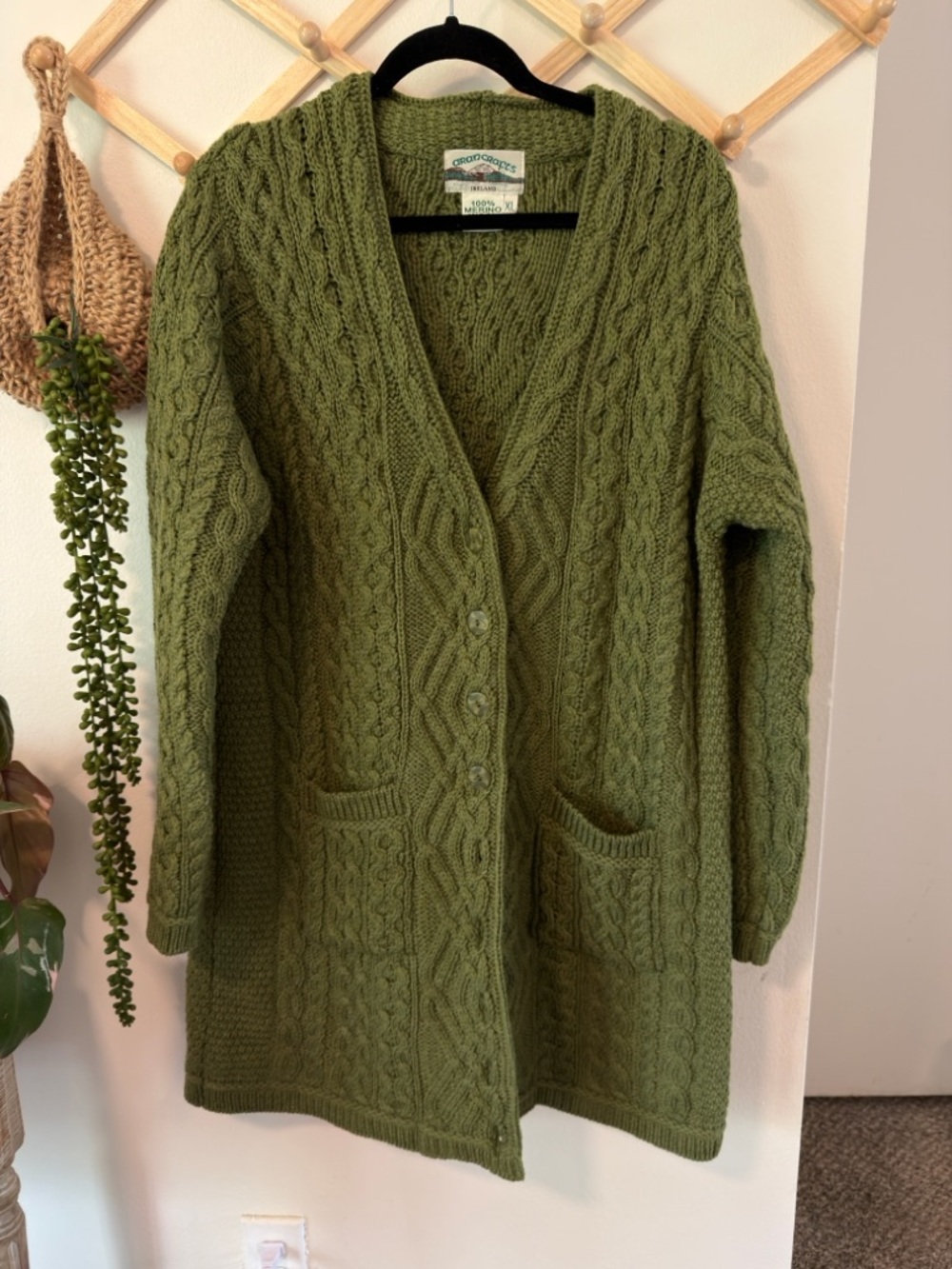Aran Crafts Boyfriend Cardigan XL Green 100% Merino Wool Made in Ireland